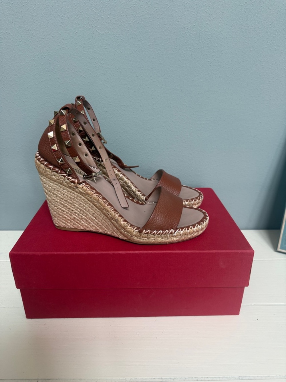 Valentino Brown Leather Studded Ankle-Strap Espadrille Sandals - Picture 2 of 6